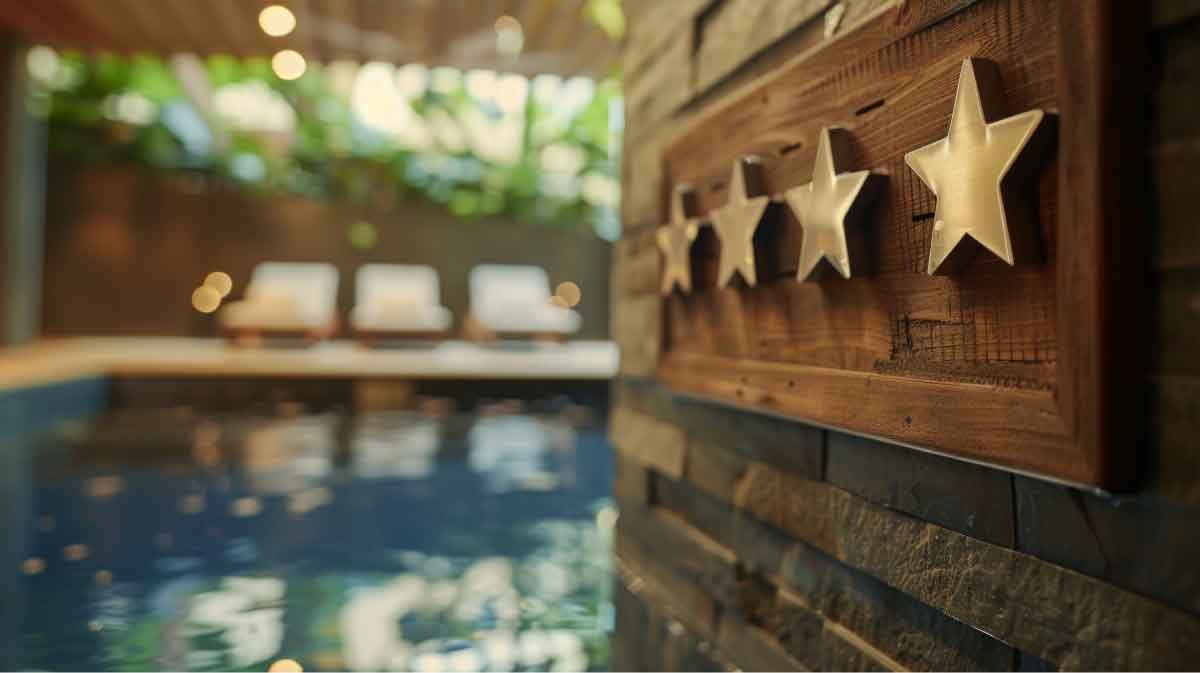 A luxurious indoor pool area with three lounge chairs blurred in the background. A wooden plaque on the stone wall displays five metal stars, suggesting a five-star quality setting. Natural light filters through the greenery.