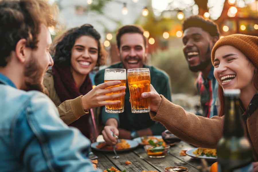 A group of five people sits around a wooden table outdoors, smiling and clinking glasses of beer. Plates of food are on the table, and warm string lights hang in the background, creating a festive atmosphere.