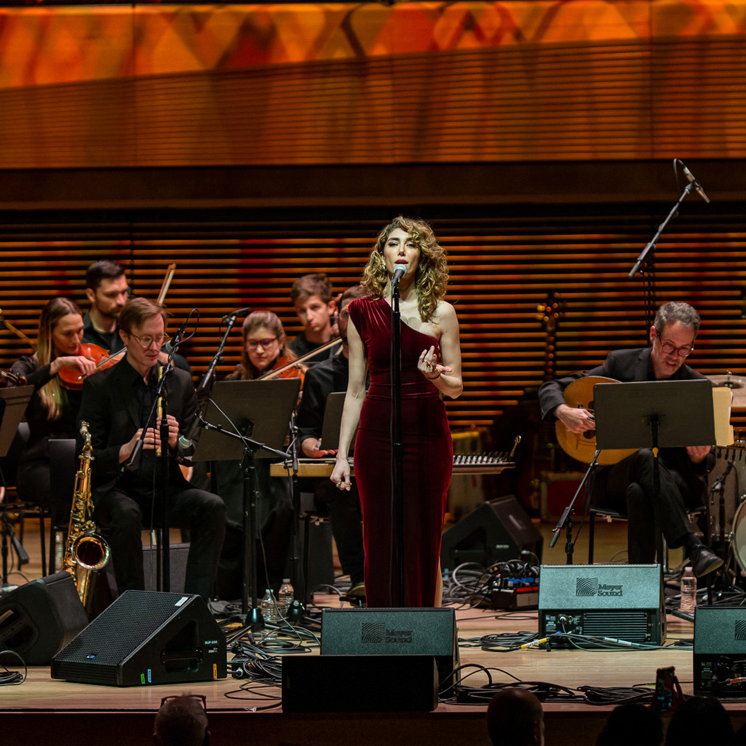 A woman in a red dress sings on stage with a band. Musicians with various instruments, including a saxophone and guitars, accompany her. The background features warm lighting and wood paneling. Cables and microphones are visible on the floor.
