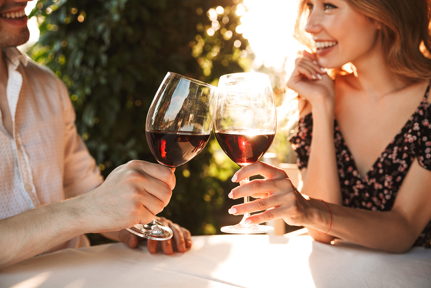 Two people clinking glasses of red wine at a sunlit outdoor table. The scene is cheerful, with greenery in the background. Both are smiling, one wearing a patterned dress, the other a white shirt.