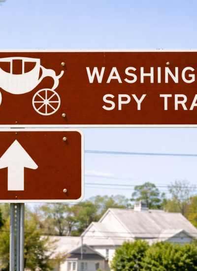 Washington Spy Trail historic marker sign on Long Island pointing to Revolutionary War spy sites connected to George Washington’s Culper Spy Ring.