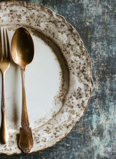 Vintage plate with antique fork and spoon representing historic dining traditions