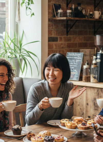 Friends enjoying coffee and pastries at a cozy café on Nassau County’s North Shore