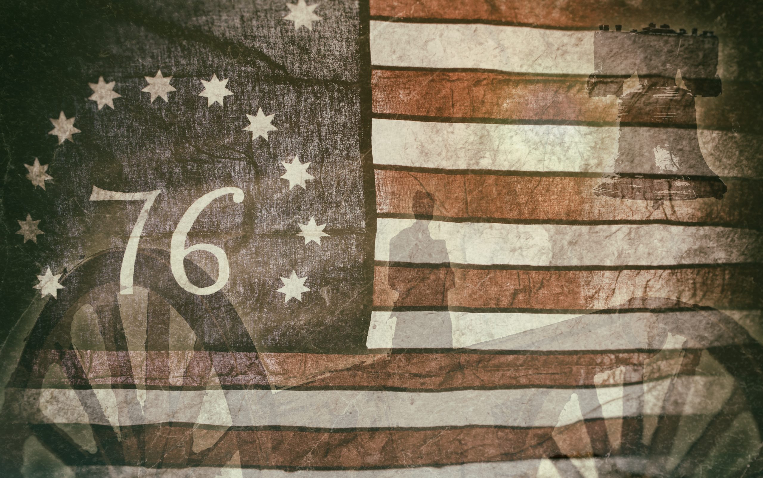 Distressed American flag with the number 76, colonial-era soldiers, and a liberty bell symbolizing the Revolutionary War and America250 celebrations.