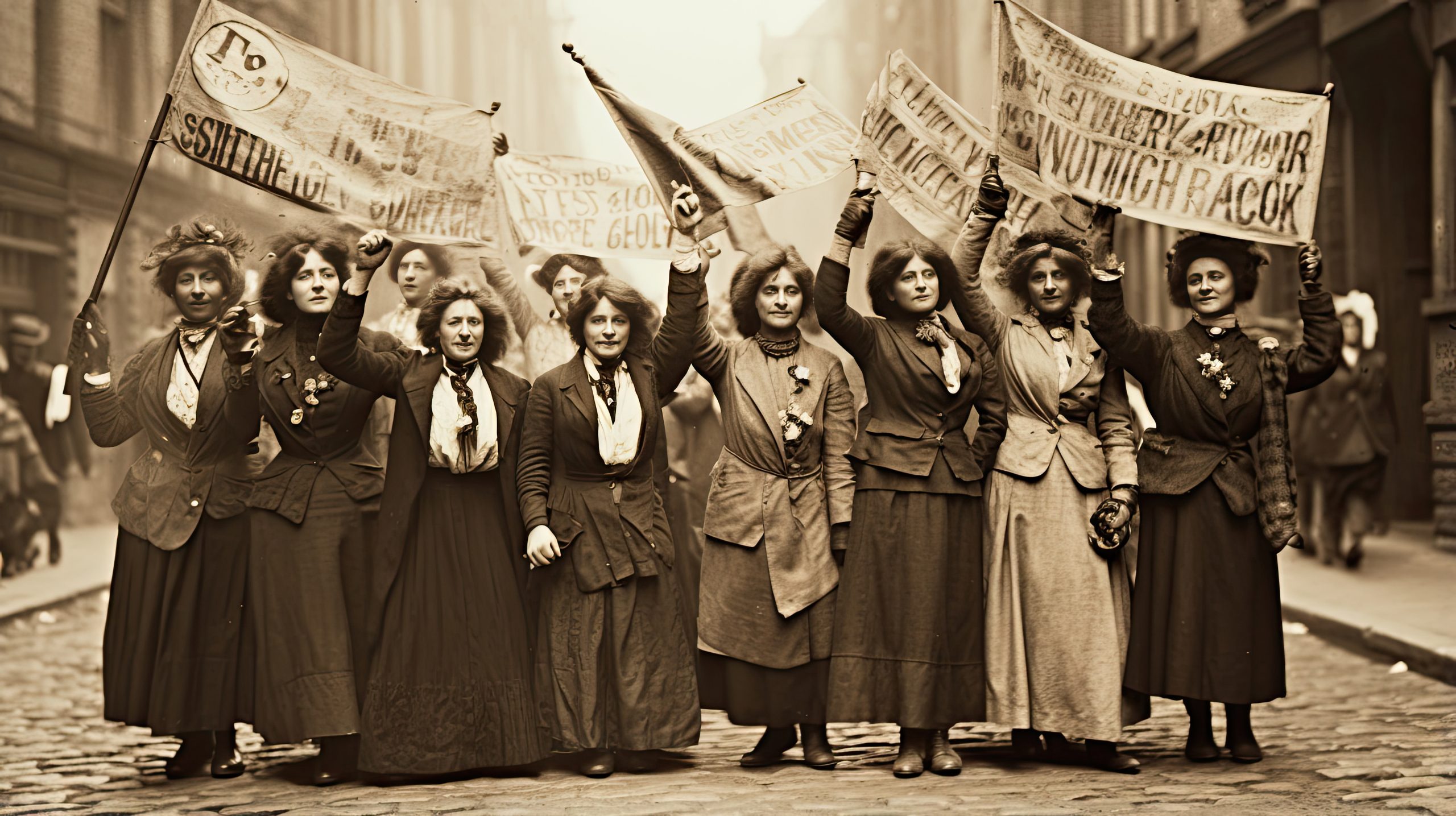 Historic suffragists march with banners during a women's suffrage demonstration, symbolizing the fight for women's voting rights in the early 20th century.