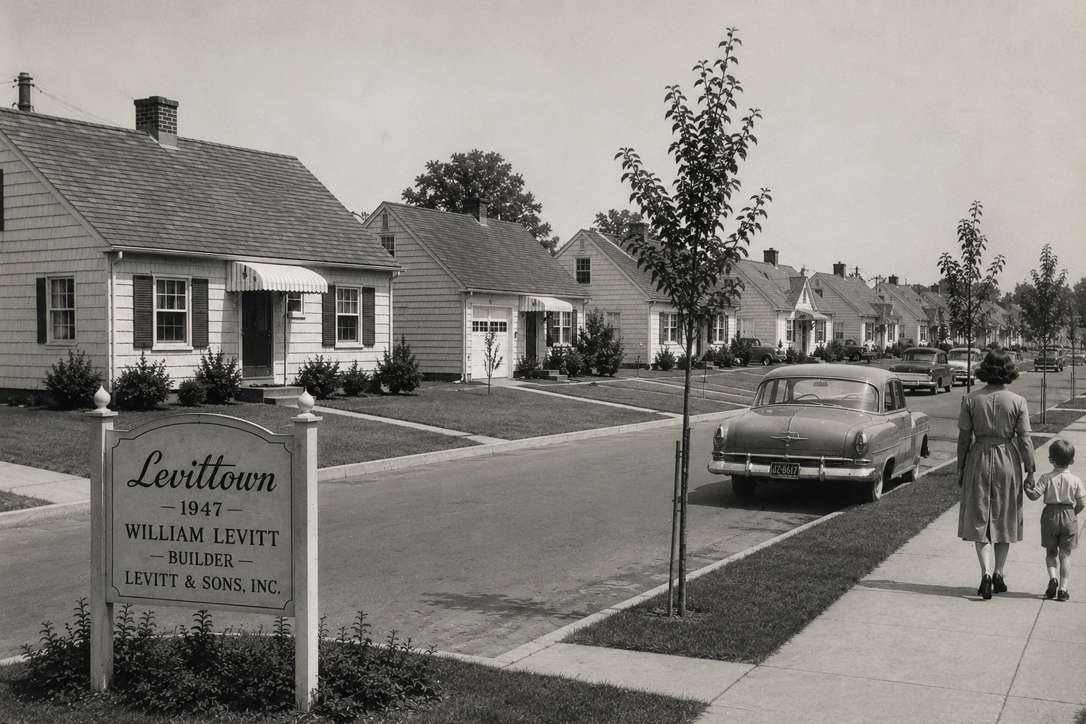 Vintage black-and-white photograph of a quiet Levittown, New York neighborhood in the late 1940s, featuring rows of Cape Cod-style homes, classic automobiles, and a mother walking with her child along a tree-lined sidewalk.