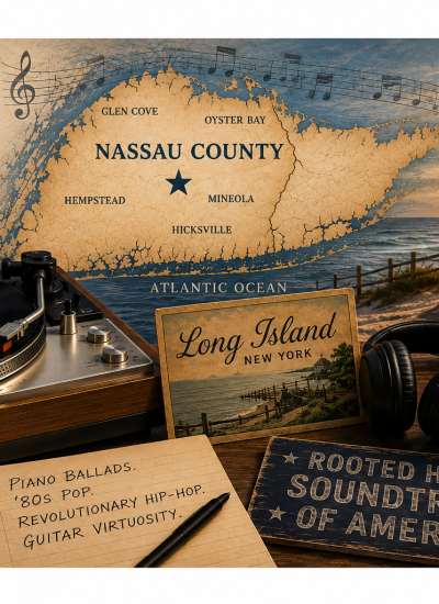 Nassau County music history collage featuring a Long Island map, vinyl record player, headphones and Nassau County 250 imagery.