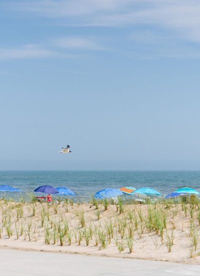 TOBAY Beach in Nassau County with sand dunes, beach umbrellas, and Atlantic Ocean views on a summer day.
