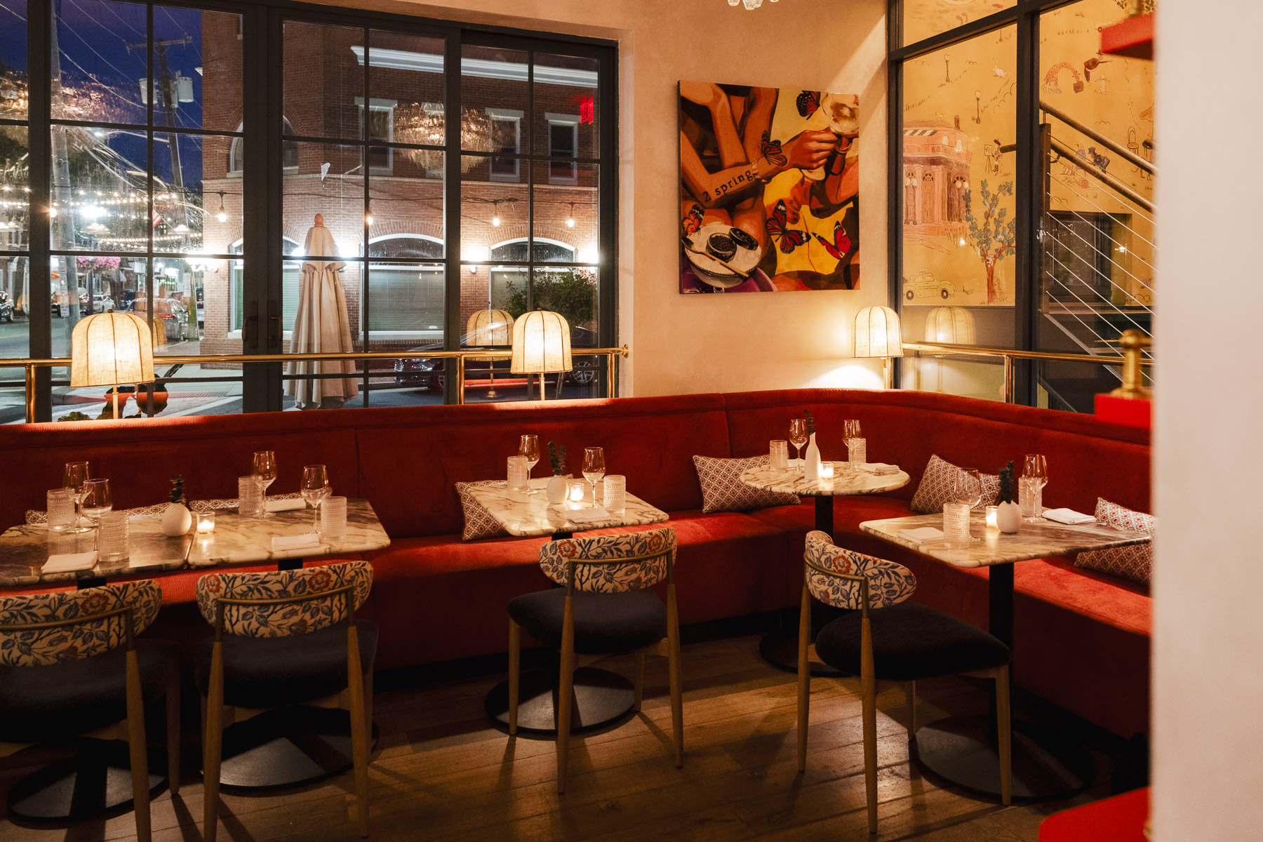Interior dining room at 2 Spring restaurant in Oyster Bay, Long Island