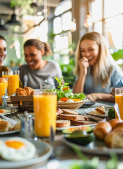 Friends enjoying brunch with eggs, pastries and orange juice on Long Island