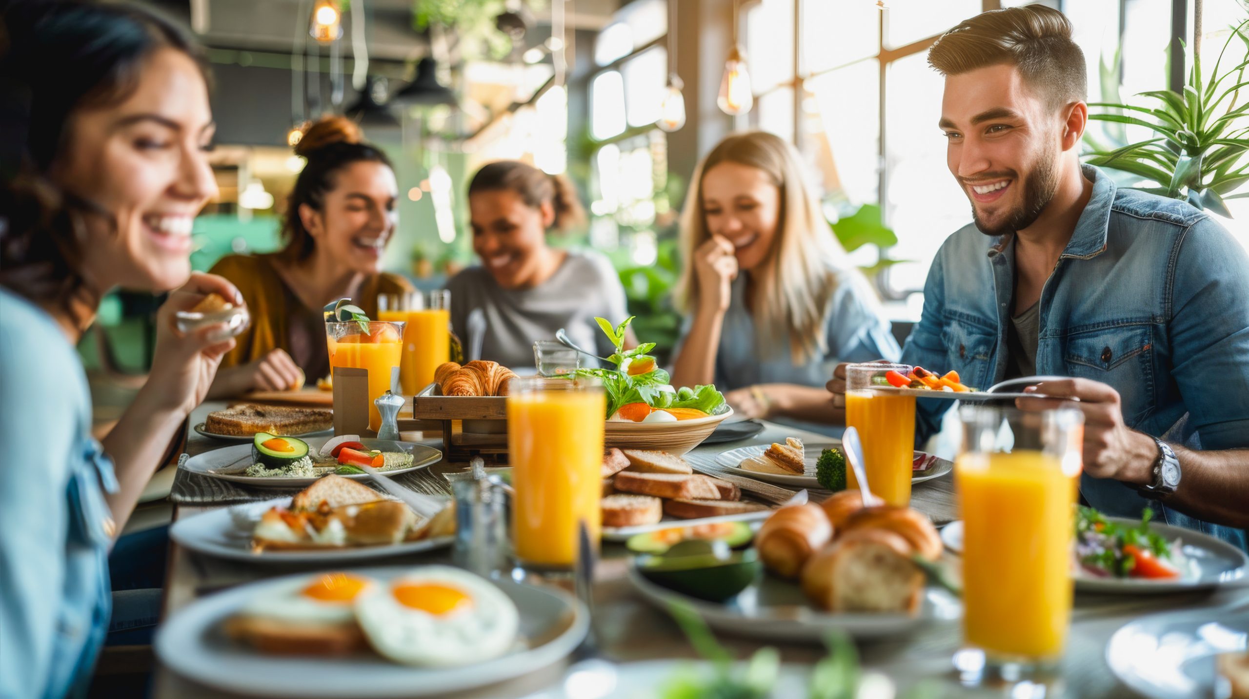 Friends enjoying brunch with eggs, pastries and orange juice on Long Island