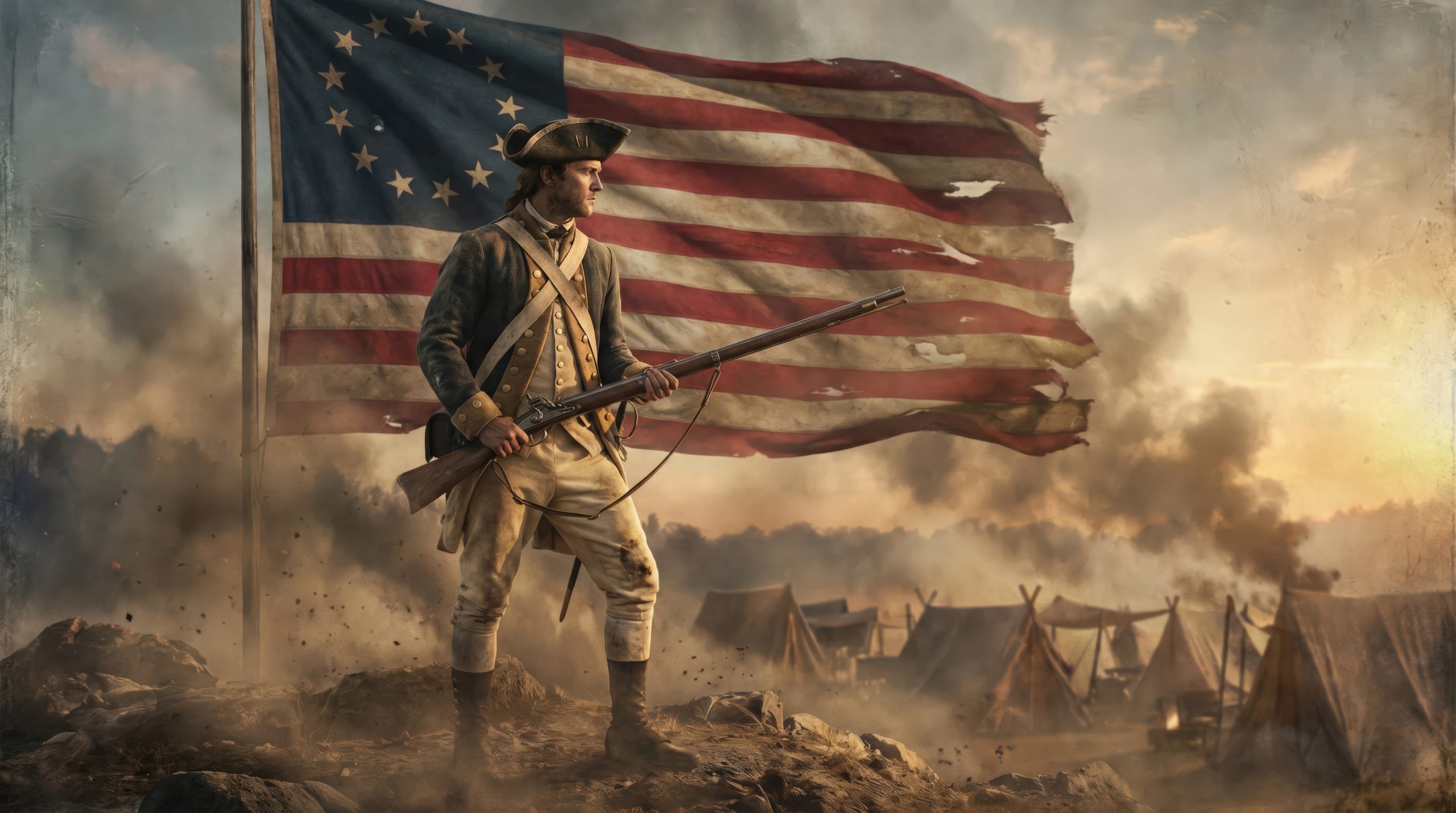 Revolutionary War soldier holding a musket in front of an early American flag at a military encampment.